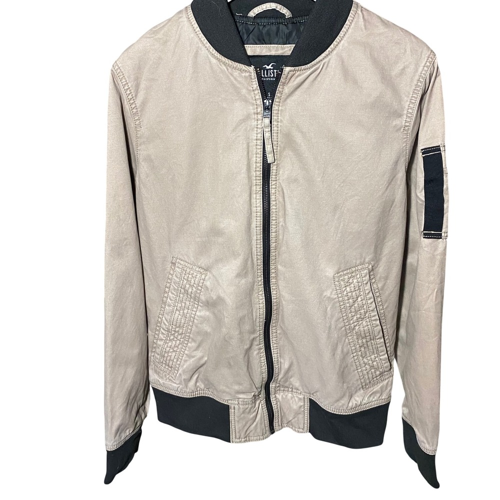 Hollister California Tan Khaki Bomber Jacket Black Ribbed Trim Small Womens